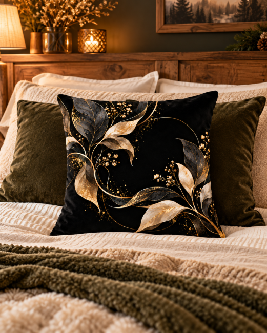Housse de coussin Feuillage métallisé or en velours noir sur un lit aux tons naturels, dans une chambre élégante et chaleureuse.