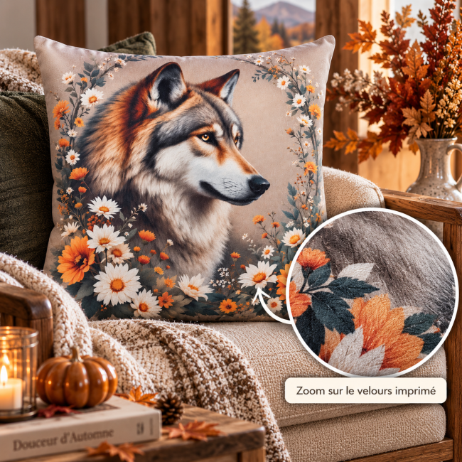 Housse Coussin Loup Velours 45x45 | Déco montagne Vosges Zoom sur le velours imprimé de la housse de coussin Loup et fleurs