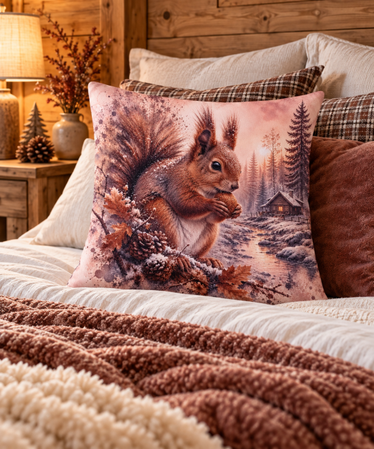 Housse de coussin Écureuil et Chalet en hiver en velours, décoration de chambre chaleureuse aux inspirations montagne et chalet.