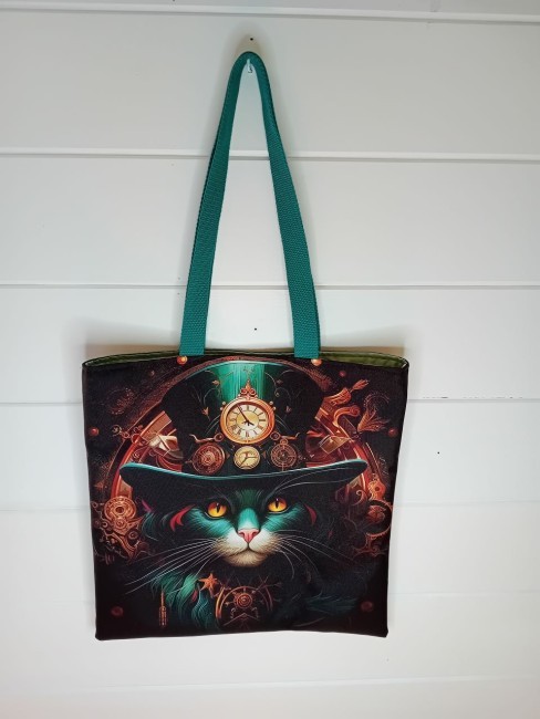 Tote bag Chat Steampunk avec chat au chapeau haut-de-forme, horloges et engrenages – Les Cabas en folie