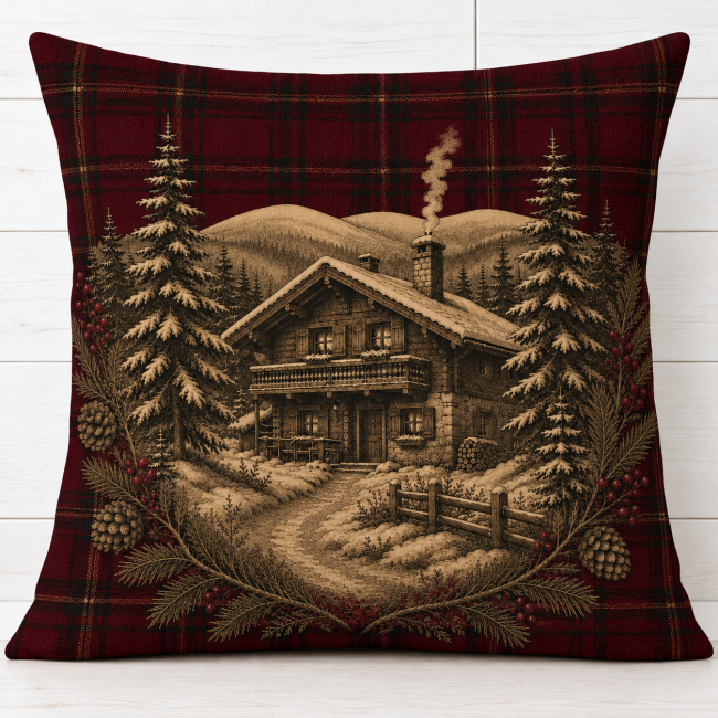 Housse Coussin Chalet enneigé Tartan Bordeaux Velours 45x45 | Déco Montagne Housse de coussin Chalet Enneigé sur Fond Tartan en velours bordeaux 45x45 cm, motif chalet hivernal aux nuances crème et brunes
