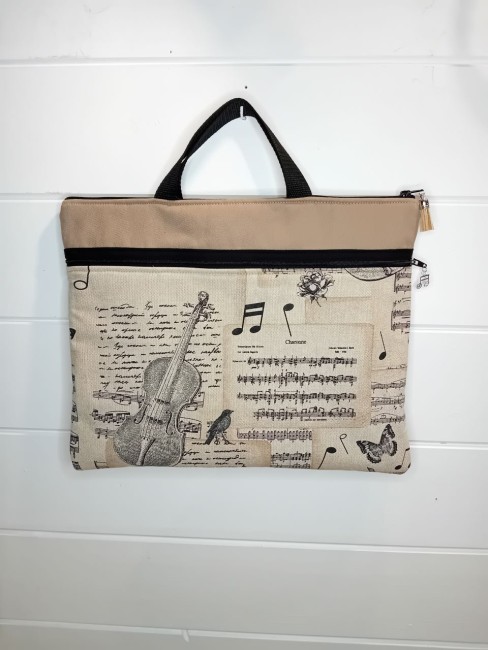 Sacoche ordinateur Harmonie musicale avec poche à motif musique, modèle unique artisanal dans les Vosges