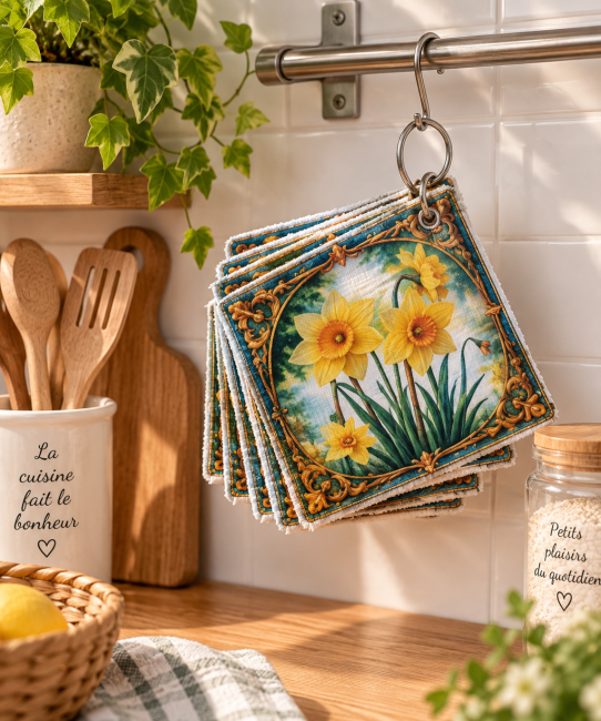 Lot de 6 essuie-tout lavables Jonquilles fleuries, 20x20 cm, suspendus dans une cuisine avec anneau ouvrable