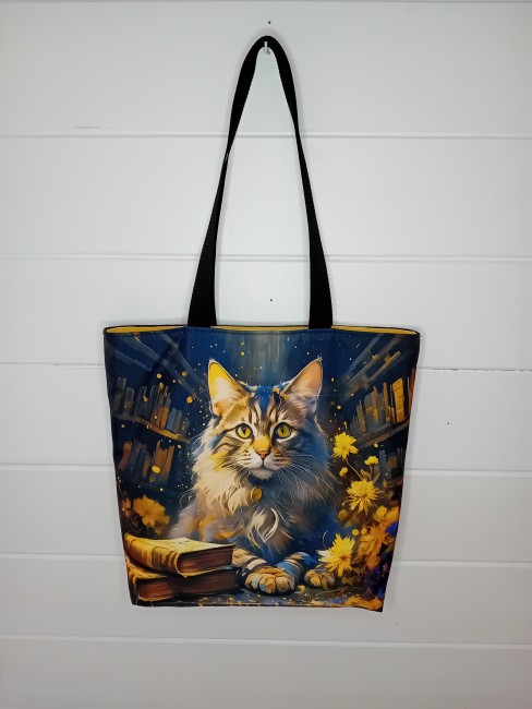 Sac cabas Chat et bibliothèque étoilée 38 x 33 cm avec chat, livres et fleurs jaunes sur fond bleu nuit – Les Cabas en folie