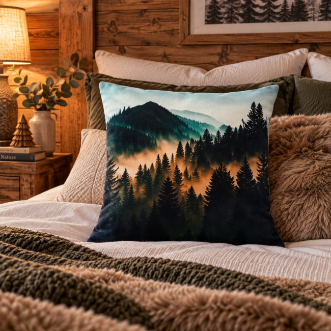 Housse de coussin Sapins dans la brume en velours 45x45 cm | Déco montagne Vosges | Les Cabas en folie Housse de coussin Sapins dans la brume en velours 45x45 cm, mise en scène sur un lit dans une décoration chalet