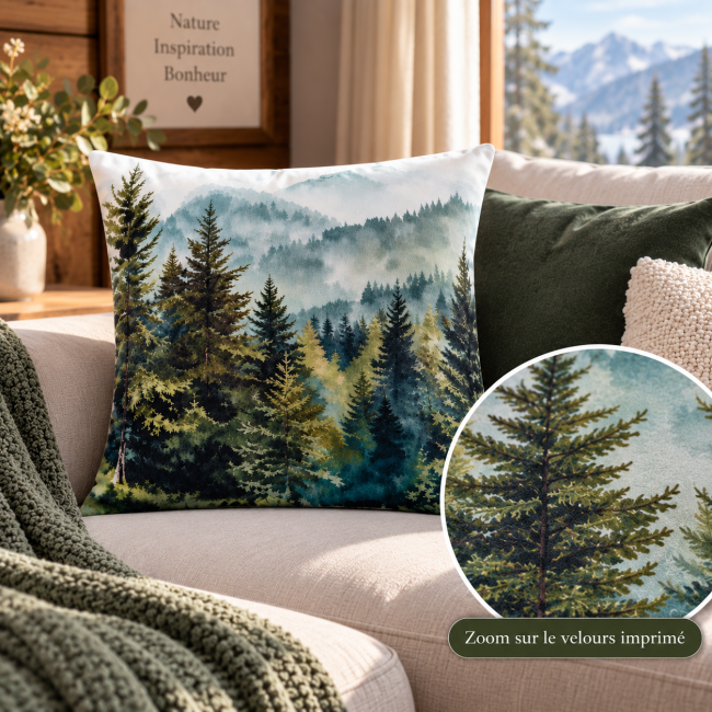 Housse de coussin Sapins des Vosges en velours 45x45 cm | Déco montagne | Les Cabas en folie Zoom sur le velours imprimé de la housse de coussin Forêt et sapins 45x45 cm