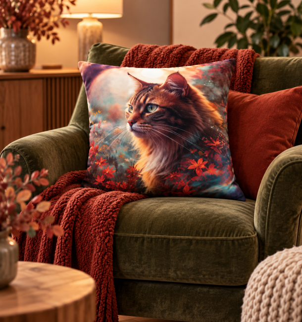 Housse de coussin Chat dans la forêt automnale en velours 45x45 cm, mise en scène sur un fauteuil dans une décoration chaleureuse et cocooning