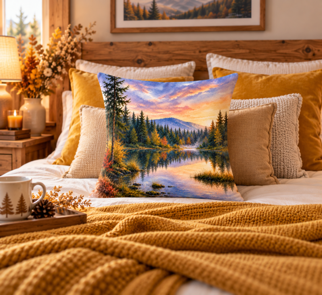 Housse de coussin velours Lac montagne sapins 45x45 cm | Déco chalet Housse de coussin Lac de montagne dans les sapins en velours dans une décoration chambre cocooning