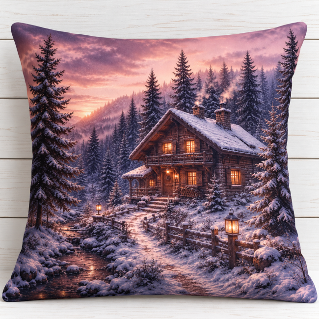 Housse de coussin Chalet enneigé en velours 45x45 cm | Déco Montagne Housse de coussin Chalet enneigé en velours imprimé 45x45 cm, chalet illuminé, sapins enneigés et ciel rosé sur fond blanc.