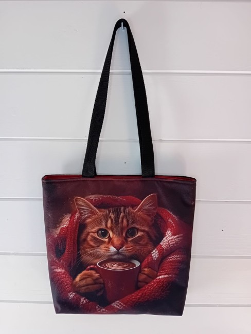 Sac cabas chat cocooning, chat dans un plaid rouge avec une tasse chaude, création artisanale, originale – Animaux et passions