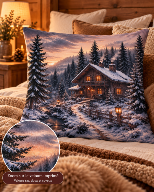 Housse de coussin Chalet enneigé en velours 45x45 cm | Déco Montagne Zoom sur le velours imprimé de la housse de coussin chalet enneigé, texture douce et soyeuse.