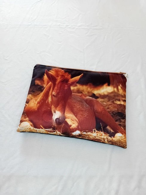 Trousse multi-usage Rêve de poulain, motif poulain dans la paille, modèle unique confectionné dans les Vosges
