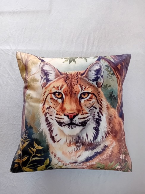 Housse de coussin en velours motif lynx aquarelle fait main