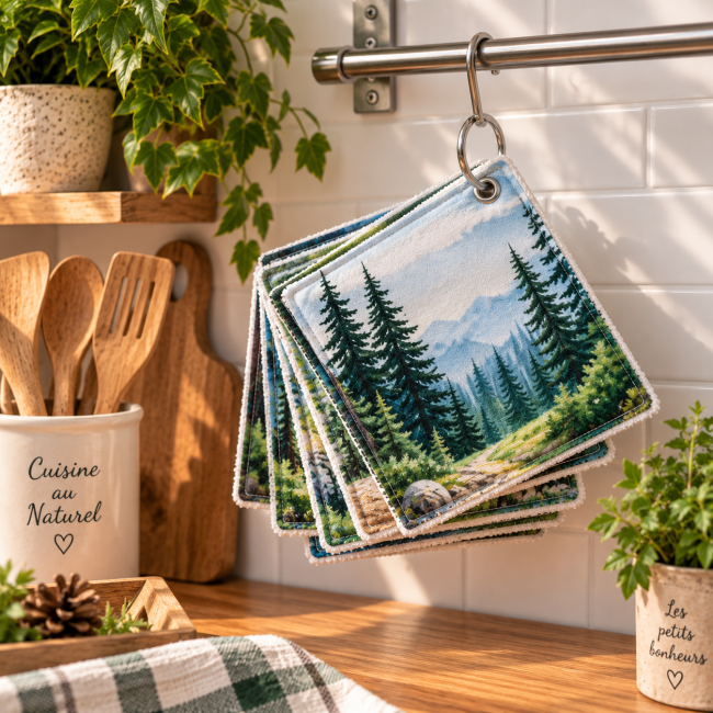 Lot de 6 essuie-tout lavables Forêt et Sapins, 20x20 cm, suspendus dans une cuisine avec anneau ouvrable