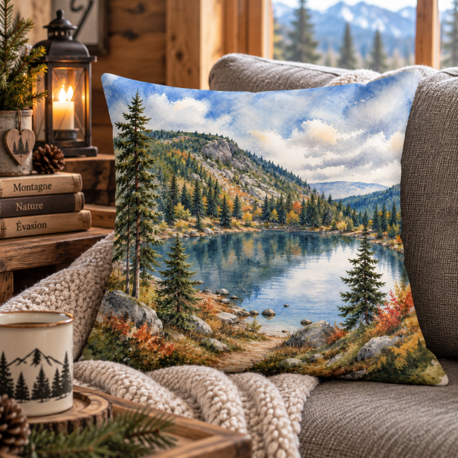 Housse de coussin Lac de montagne en automne dans une décoration chalet