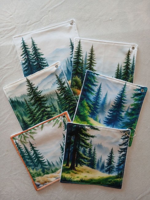 Lot de 6 essuie-tout lavables motifs forêt, sapins et montagnes, en éponge bambou et coton imprimé