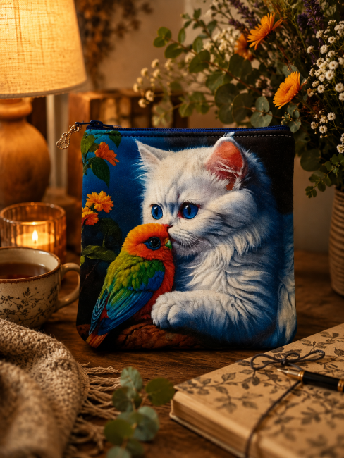 Trousse multi-usage, motif chat et oiseau – Confectionnée dans les Vosges | Les Cabas en folie Trousse multi-usage motif chat et oiseau dans une ambiance chaleureuse et naturelle