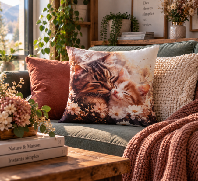 Housse de coussin Câlin de chat en velours 45x45 cm, mise en scène sur un canapé dans une décoration chaleureuse et cocooning