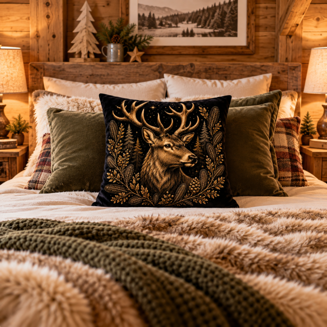 Housse de coussin Tête de cerf en velours 45x45 cm | Déco Montagne Housse de coussin tête de cerf en velours sur un lit dans une décoration montagne chalet