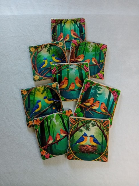 Lingettes démaquillantes lavables Oiseaux de la forêt – Lot de 8 | Les Cabas en folie Lingettes démaquillantes lavables Oiseaux de la forêt en éponge bambou – lot de 8