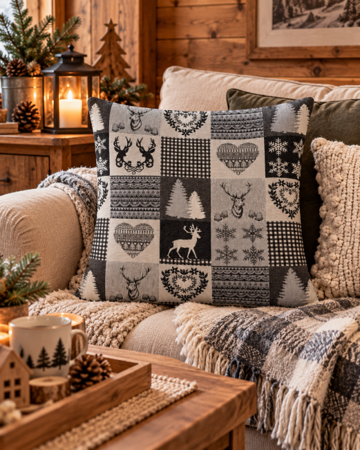 Housse de coussin Patchwork Montagne en jacquard 45x45 cm | Déco Chalet Housse de coussin Patchwork Montagne en jacquard gris et écru sur un canapé dans une ambiance montagne chaleureuse.