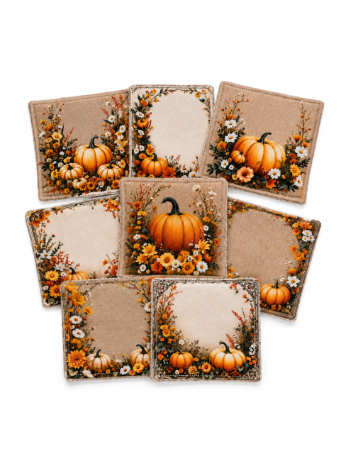 Lot de 8 lingettes démaquillantes lavables motif citrouilles, fleurs et feuillages – Confection des Vosges