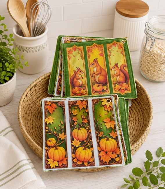 Lot de 6 essuie-tout lavables motif écureuils, citrouilles et feuilles d’automne, en éponge bambou et coton imprimé