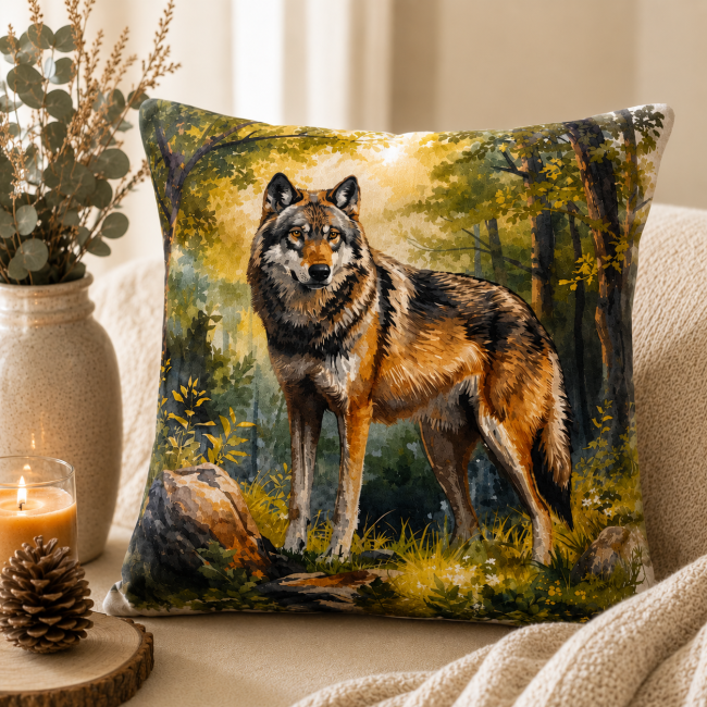Housse de coussin loup aquarelle dans un salon style chalet