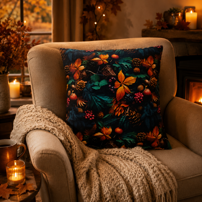 Housse Coussin Feuillage Automne Velours 45x45 | Vosges Housse de coussin motifs automne et forêt dans un salon chaleureux et cocooning