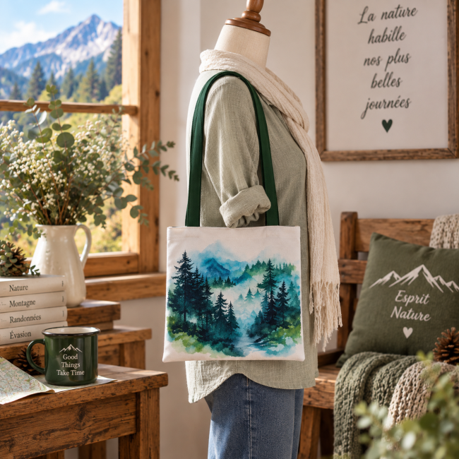 Tote bag  Brume des montagnes présenté sur un mannequin