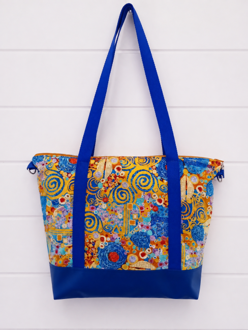 Sac cabas Klimt multicolore en tissu 100 % coton avec fond en simili cuir bleu