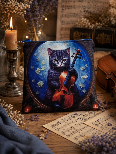 Trousse multi-usage, motif chat « Chat musicien » – Confectionnée dans les Vosges | Les Cabas en folie Trousse multi-usage motif chat musicien avec violon dans une ambiance chaleureuse autour de la musique