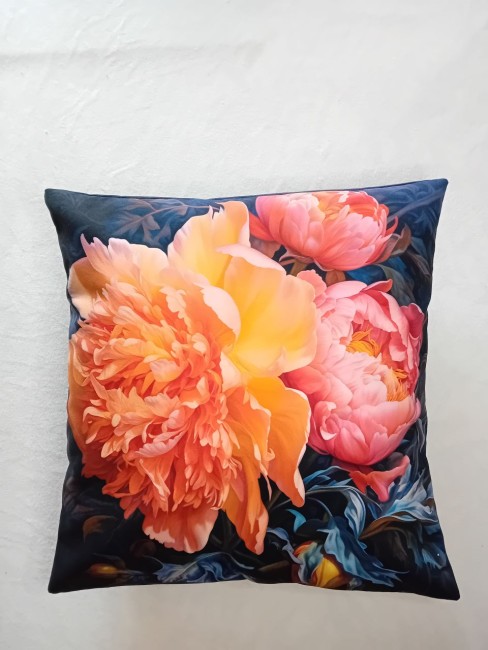 Housse de coussin en velours motif pivoine orange faite main