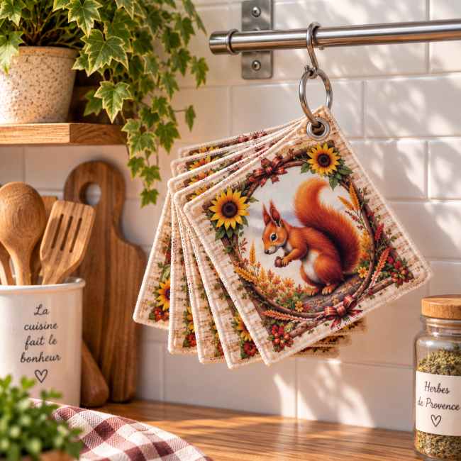 Lot de 6 essuie-tout lavables Écureuils et tournesols, 20x20 cm, suspendus dans une cuisine avec anneau ouvrable
