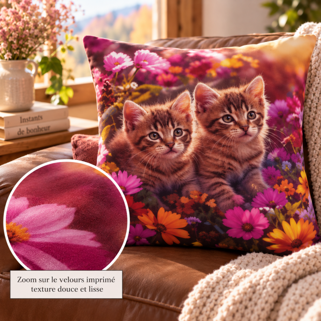 Housse Coussin Deux Chatons Velours 45x45 | Animaux Vosges Zoom sur le velours imprimé de la housse de coussin Deux chatons 45x45 cm