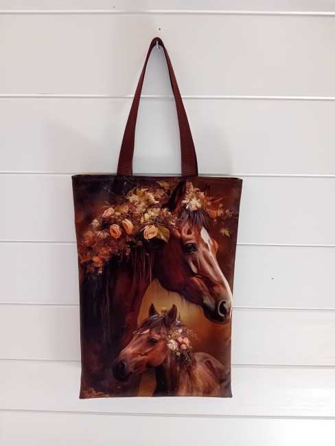 Tote bag Amour Équestre avec cheval et son petit dans des tons bruns et orangés, confection artisanale dans les Vosges