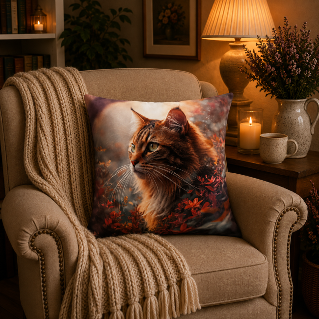 Housse de coussin Chat en forêt automnale en velours 45×45 | Les Cabas en folie Housse de coussin animaux chat et foret dans un salon chaleureux et cocooning