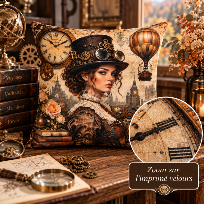Zoom sur le velours imprimé de la housse de coussin Univers Steampunk en velours 45x45 cm
