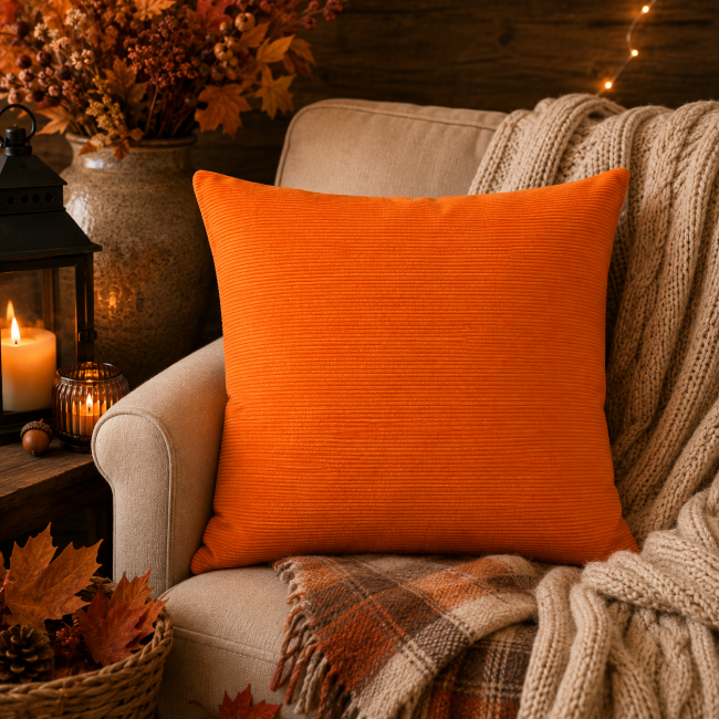 Housse de coussin orange tangerine dans un salon chaleureux et cocooning
