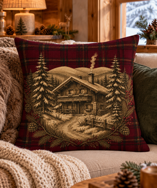 Housse Coussin Chalet enneigé Tartan Bordeaux Velours 45x45 | Déco Montagne Housse de coussin Chalet Enneigé sur Fond Tartan bordeaux dans une décoration de salon chaleureuse, dans un esprit montagne