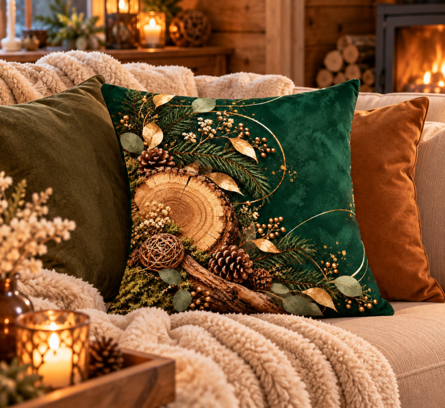 Housse de coussin Bois et Sapin en velours imprimé sur un canapé dans une ambiance chalet chic.