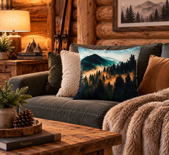 Housse de coussin Sapins dans la brume en velours 45x45 cm | Déco montagne Vosges | Les Cabas en folie Housse de coussin Sapins dans la brume en velours 45x45 cm, mise en scène sur un canapé dans une décoration chalet esprit cocooning