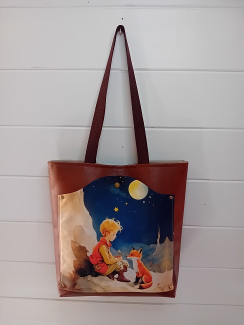 Cabas artisanal « Rencontre sous les étoiles » avec illustration d’un enfant et d’un renard sous les étoiles