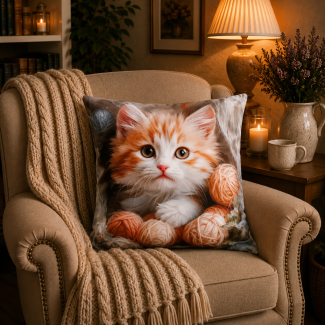 Housse de coussin animaux chaton et pelotes de laine dans un salon cocooning