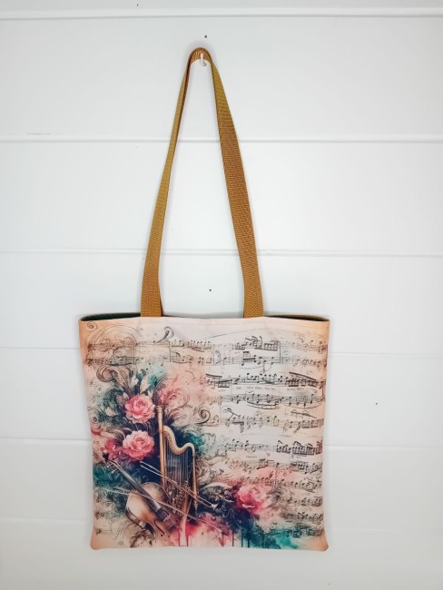 Tote bag Harmonie à la harpe avec harpe, partitions et fleurs, création artisanale – Les Cabas en folie