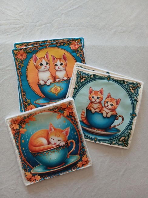 Lot de 6 essuie-tout lavables motif chats dans des tasses fleuries, en éponge bambou et coton imprimé