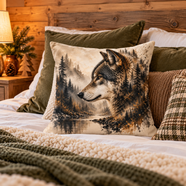 Housse de coussin Loup sauvage en velours, décoration de chambre à l’esprit nature et montagne.