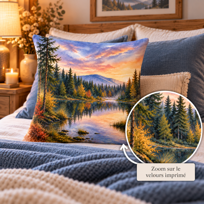 Housse de coussin velours Lac montagne sapins 45x45 cm | Déco chalet Zoom sur le velours imprimé de la housse de coussin Lac de montagne dans les sapins