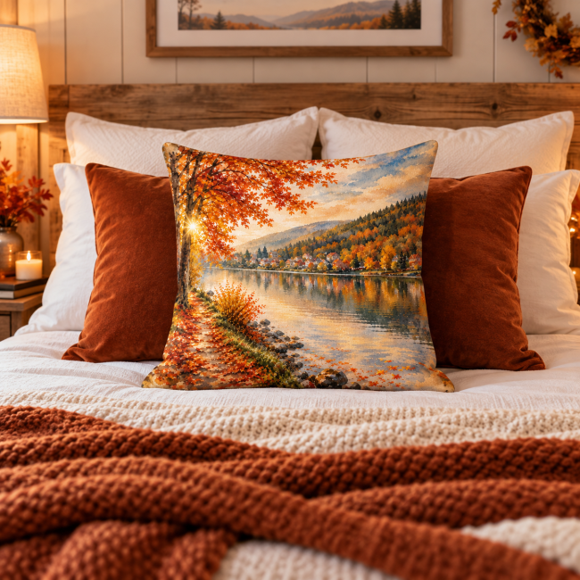 Housse de coussin velours Lac automne 45x45 cm | Déco chalet Vosges Housse de coussin velours imprimé Lac en automne dans une décoration de chambre cocooning