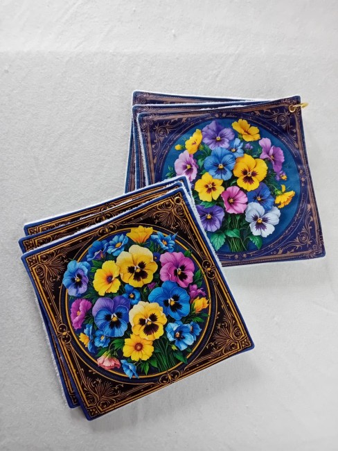 Lot de 6 essuie-tout lavables motifs bouquets de pensées fleuries bleues, jaunes, violettes et roses
